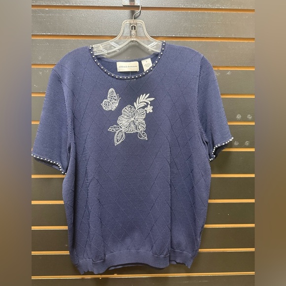 Navy Blue Short Sleeve Sweater with Floral Embroidery - Picture 1 of 3
